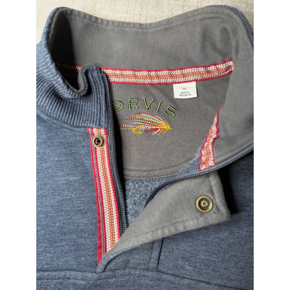 Orvis Mens XL Blue Heather Quarter Zip Snap Mock Neck Fleece Sweatshirt Pullover - Picture 5 of 7